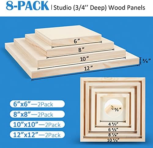 Falling in Art 8 Pack 4 Sizes Unfinished Birch Wood Canvas Panels Kit | Studio 3/4’’ Deep Wood Canvas, Cradle Boards for Painting, Pouring, Burning, Crafts, Epoxy Resin, Laser Engraving Cutting