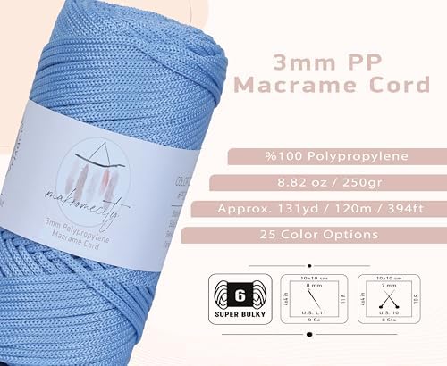 Makromecity, Premium Polyester Macrame Cord 3mm x 131 Yards (394 feet) 3mm Polypropylene Baby Blue Macrame Cord Crochet Macrame Bag Cord Crafts for Wall Hangings, Bags, Underplate, Rug