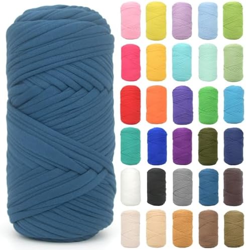 Tshirt Yarn for Crocheting,Denim Blue T Shirt Chunky Elastic Fabric Thick T-Shirt Crochet Yarn for Beginners Crocheting Hand Knitting Bag/Basket/Coasters/DIY Crafts/Home Decor 200G(Denim Blue