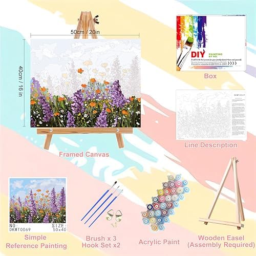 Flower Paint by Numbers for Adults with Framed Canvas - with Wooden Easel