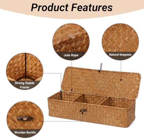 Nonam 3-Section Divided Storage Small Basket with Lid,Shelf Basket-Natural