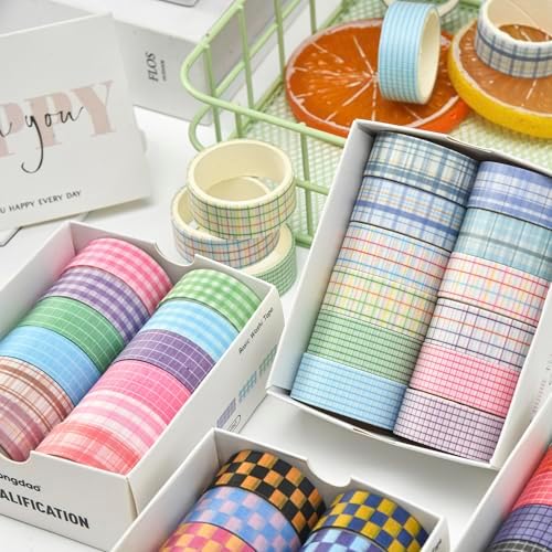 12 Rolls Grid Washi Tape Set Plaid Arts Adhesive Tapes Basic Patterns Decorative Masking Tape Sets for Craft, Kids, Scrapbook, DIY, Gift Wrapping (Style Four)