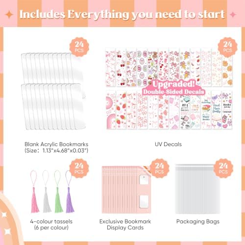 Kaciola 24PCS Acrylic Bookmark Blanks with 24PCS Pink Bow Theme UV DTF Stickers and 4 Colors Tassels,Blank Bookmarks UV DTF Transfers Stickers for DIY Crafts Hanging Tag Gift Bookmarks DIY