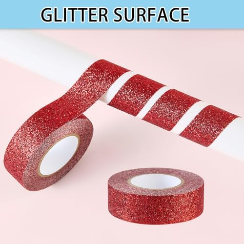 Red Glitter Washi Tape 2 Rolls, Sparkle Decorative Tape for DIY Crafts Scrapbooking Journaling, Sticky Colored Masking Tapes for Art, Wall Decor Gift Wrapping (0.6in x 11Yard)
