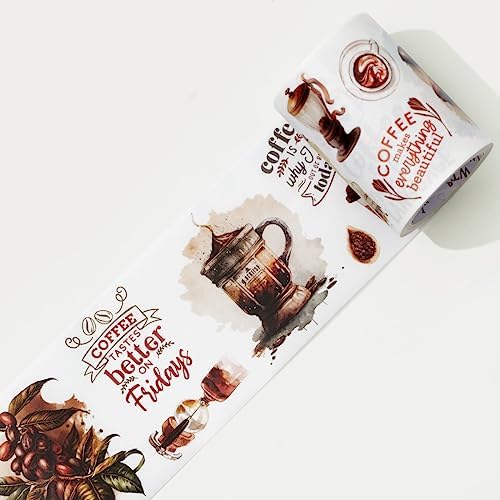 WT Caffeine Canvas Wide Washi Tape, Single Roll, Original Designs, Watercolor Vintage Cafe Paper Tape, Coffee Theme for Journals, Scrapbooks, Bujo Planners, DIY Crafts Supplies