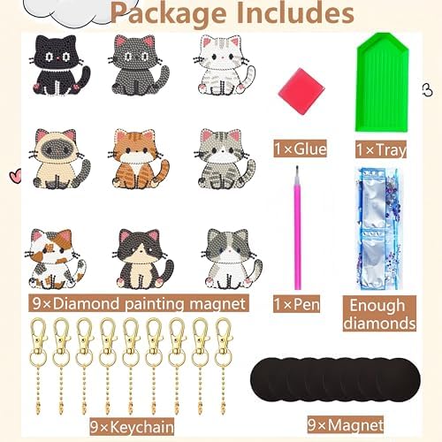 Bulerrylulu 9 Pcs Cat Diamond Painting Magnets Kits Fridge Magnet Stickers Diamond Art Painting Keychains Gem Painting kit for Beginners Adults DIY Art Craft Gifts Home Decors