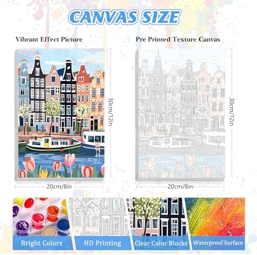 KEYIFA Paint by Numbers for Adults on Framed Canvas - with Wooden Easel, Amsterdam Painting by Number Kit for Beginners, DIY Netherlands Acrylic Paint-by-Number Kits for Home Wall Decor (8x12 inch)