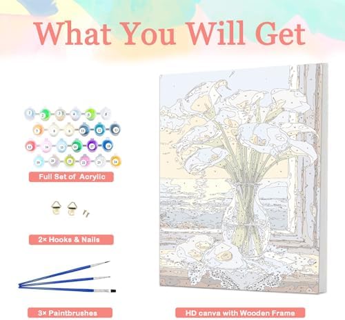 Auremi Flower Paint by Number Kits with Framed, DIY Flower Paint by Number Canvas for Adults, Easy Acrylic in Canvas with Brushes for Decor 20x30cm