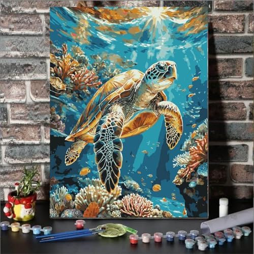 Lovepefe Sea Turtle Paint by Numbers Kit for Adults with Framed Oil Painting Kit Beginner Turtle DIY Painting Kits for Adults Paint By Number On Canvas for Gift Home Wall Decor 12x16 Inch