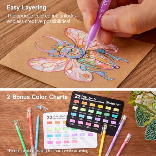 Shuttle Art Colored Pens, 22 Highlight Tone Colors Cute Journal Pens 0.6mm Fine Point Colored Gel Pens for Black Paper Adult Coloring Writing Drawing Journaling Note Taking School Office Home
