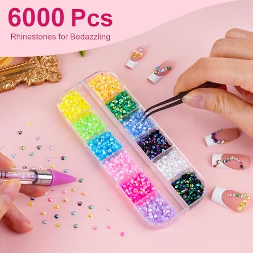 Canvalite 6000Pcs Resin Jelly Rhinestones for Bedazzling, Multicolor 3mm Flatback Rainbow Gems, Bedazzling Crystal with 1Pcs 10ml Jewelry Glue, Rhinestone Picker for DIY Crafting Clothes Shoes