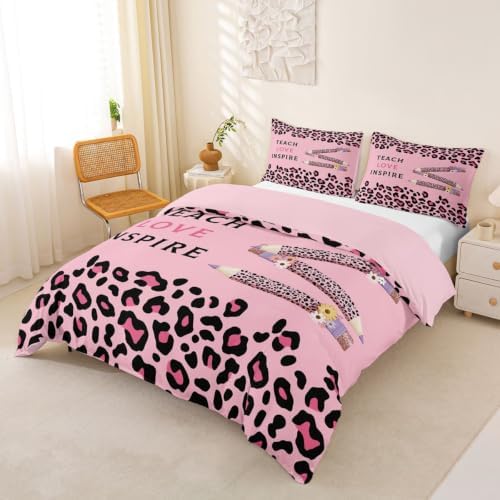 Erosebridal Pink Leopard Duvet Cover King Size Floral Leopard Pencil Bedding Set for Adults Teens Women Pink Educator Artwork Comforter Cover Boho Aesthetic Bedclothes Room Decor