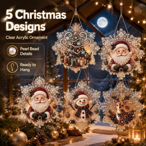 Cheerdox Christmas Pearl Diamond Arts Suncatcher DIY Kit, 5D Diamond Pearl Art Painting Acrylic Round Board with Lace Edge, Christmas Diamond Art Beads Craft Kit for Holiday (Style G)