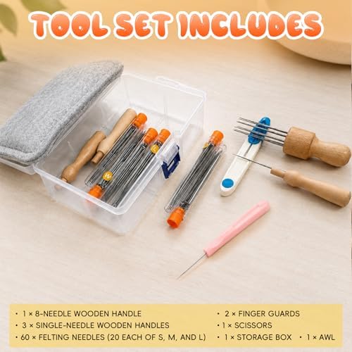 LUDOTEK 75-Piece Complete Needle Felting Tool Set with Storage Box, 3 Sizes Felting Needles, 8-Needle & Single-Needle Handles, Wool Felting Pad for DIY Craft Projects