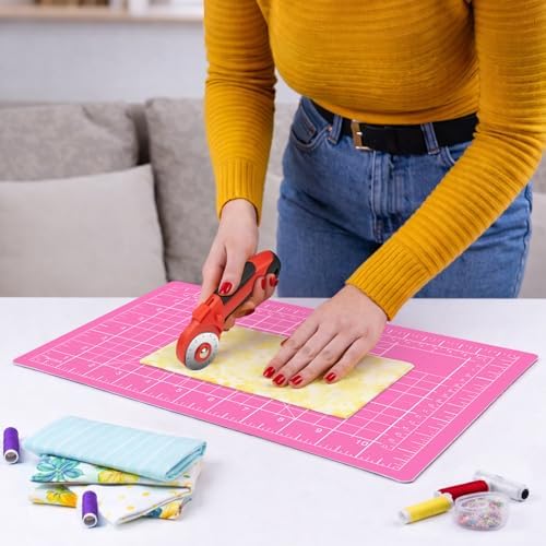 DIYSELF 9in×12in Cutting Mat, A4 Self Healing Craft Mat for Sewing | A4 Pink Cutting Mat for Fabric, Quilting and Scrapbooking, 5-Ply Double-Sided Craft Cutting Board with Grid and Angle Lines