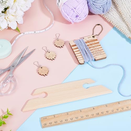 HOBBIESAY 1 Set Wood Knitting Gauge Rulers Wooden Knitting Tool Set with Yarn Ball Chain 3 Sheep Stitch Markers and Shuttle Knit Accessories for Beginners Experts DIY Sewing Crafts