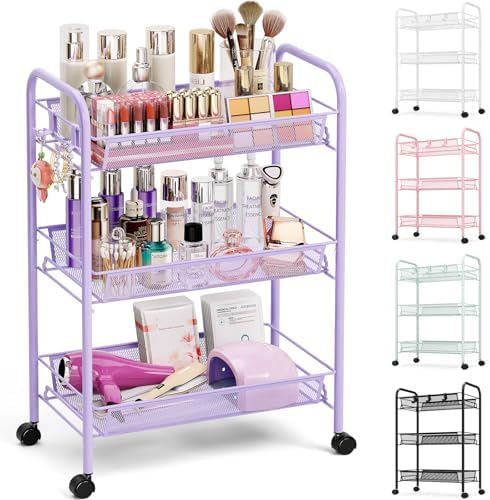TOOLF 3 Tier Rolling Cart, Metal Utility Storage Cart with Wheels, Purple | 3 Hooks, Screwless Assembly, Trolley Organizer for Bathroom, Kitchen, Office, Nursery, Dorm, Laundry Room