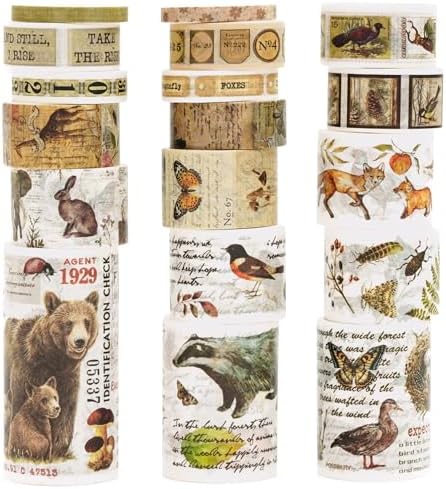 18 Rolls Vintage Washi Tape Pack Retro Arts Adhesive Tapes Wide Monologue Decorative Masking Tape Sets for Craft, Kids, Scrapbook, DIY, Gift Wrapping (Jungle Trails)