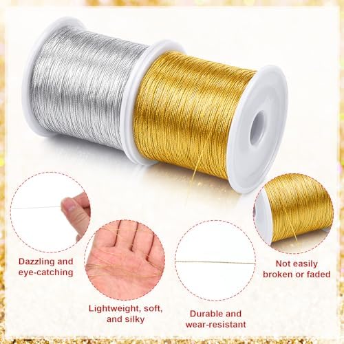 4 Spools 1837 Feet Metallic Thread, 0.2 mm Ornament String Christmas Cording Gold String Silver Craft Strings Tinsel Ribbon Bracelet Strings for Jewelry Making Gift Wrap Craft Making (Gold, Silver)