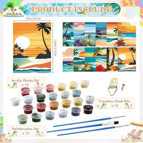 Humyoun 12 Pack 9 x 12 Inch Paint by Numbers Kit for Adults Beginners DIY Acrylic Oil Painting Paint by Number Kits Drawing Paintwork on Canvas Without Frame for Home Decor(Hawaiian Style)