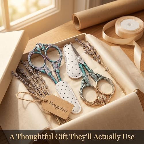 Crochet Scissors with Cover 2 Pack – Vintage Small Embroidery Scissors Set, Sharp Craft Scissors for Yarn Thread Sewing Needlework, Rainbow & Green Bronze Bird Gift for Crocheter, 4.6 Inch