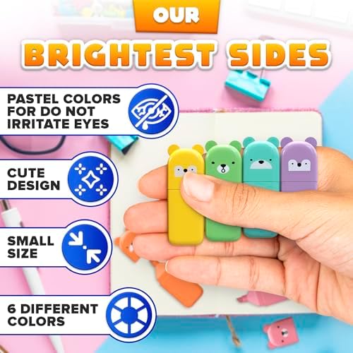 6 Pcs Small Highlighters for Kids, Cute Bear Design, Multi Colored