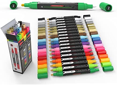 TOOLI-ART Acrylic Paint Markers Paint Pens Set Essential Color Series For Rock Painting, Canvas, Mugs, Plastic, Metal, Glass Paint, Fabric, Wood, DIY. Non Toxic, Quick Dry,Waterbased (18 DOUBLE SIDED)