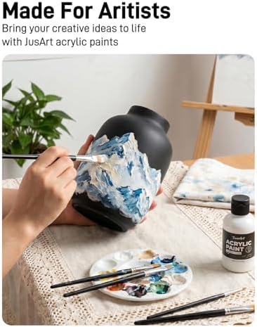 JusArt 24 Colors Acrylic Paint Set, Including Gold and Silver, 8.45oz(250ml) Large Bottles Adult Artist Paints for Canvas, Crafts, Mural, Rocks, Clay, Fabric, Wood