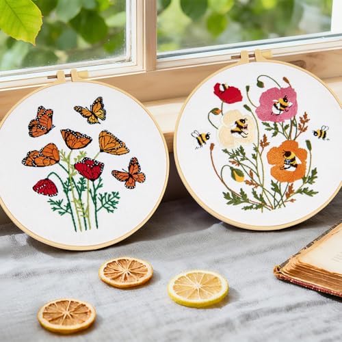 Flowers Embroidery Kits for Beginners Adults, Butterfly Hand Embroidery Starter Kits, Bee Cross Stitch Kits for Beginner Needlepoint DIY Kits for Adult, 2 Set Embroidery Hoops, Thread & Video Tutorial