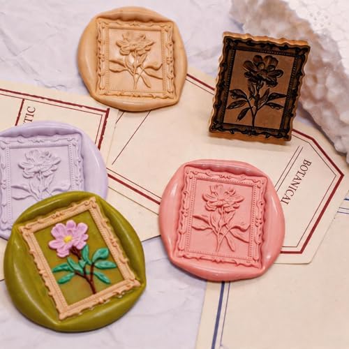 VANGOAL Wax Seal Stamp, Floral Series, 3D Embossed Brass Stamp Head with Wooden Handle, Vintage Sealing Kit for Wedding Invitations, Envelopes, Gift Wrapping, Letters and Crafts (Tulip with Frame)