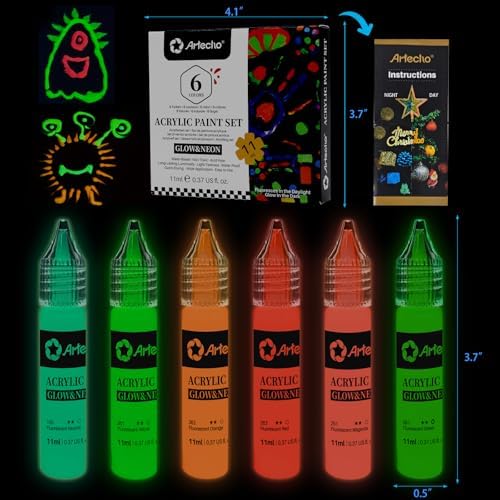 Artecho Glow in the Dark Acrylic Paint Set, 6 Colors x 11ml (0.37oz) | Non-Toxic Waterproof Art Supplies for Canvas Rock Wood Fabric – Rich Pigment Craft Paint for Adults & Hobbyists
