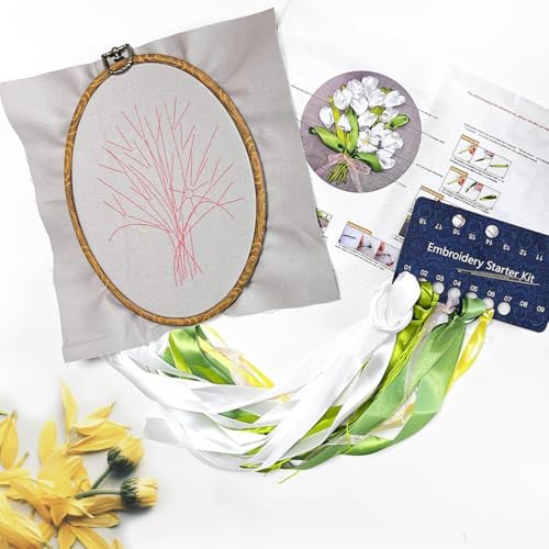 FONNUY Ribbon Embroidery 3D Flowers Pattern Design Kit Embroidery DIY Handwork Set Oval Home Decoration (White Tulip)