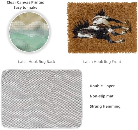 Latch Hook Rug Kit Cute Black and White Wild Horse Running Pre-Printed Handmade Carpet Crochet Yarn Craft DIY Hook and Latch Door Mat Tapestry for Home Floor Decoration 52x38cm-1