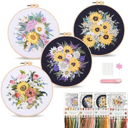 Harimau Adult Beginner Embroidery Starter Kit, Complete Set with 4 Patterns, 2 Hoops, Needles, Scissors, Instruction Guide & Stitching Video Tutorials