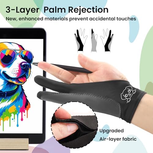 Cute Puppy Drawing Glove: 3-Layer Palm Rejection for iPad & Drawing Tablet | Smooth-Glide & Breathable Artist Glove for Digital Art, Two-Finger Design, Fits Left & Right Hand, 2-Pack + Cleaning Cloth