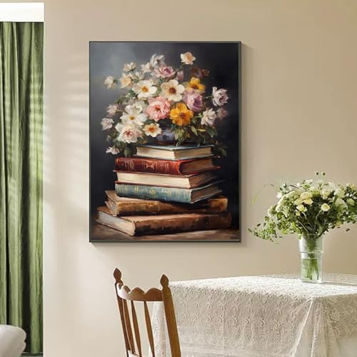 RYMILIE Diamond Art Kits for Adults Vintage Flowers and Books 12x16inch | 5D Stress Relief Diamond Painting Kit for Beginners, DIY Full Round Drill Gem Art Crafts for Home Wall Decor Gift