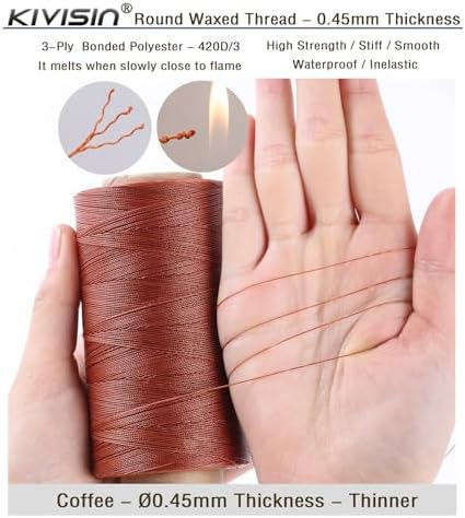 Thin Wax Polyester Thread, 0.45mm, 547 Yards, 3 Ply Round Waxed Cord Strings for Sewing, Beading, Binding, Micro Braiding, Fine Leather Craft and Micro Macrame Jewelry - Coffee