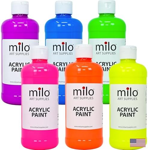 milo Fluorescent Acrylic Paint Set, 6 Neon UV Colors, 16 oz Bottles