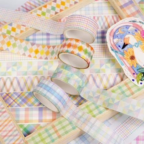 Basic Grid Washi Tape Set 12 Rolls Plaid Decorative Masking Tapes for Arts, DIY Crafts, Journals, Planners, Scrapbook, Wrapping (Colored)