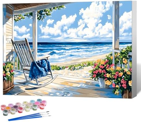 Framed Paint by Numbers Kit for Adults, Coastal Beach House 8x12 Inch