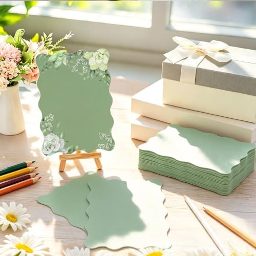 FYSUIMU 100Pcs Sage Green Scalloped Cardstocks 5" x 7" Fresh Green Rectangle Blank Cards with Wavy Edge Thick Card Stock Paper for Invitations DIY Crafts Wedding Baby Shower Supplies