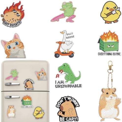 Bulerrylulu 9 Pcs Fun Diamond Painting Magnets Kits Cat Fridge Magnet Stickers Diamond Art Painting Keychains Gem Painting kit for Beginners Adults DIY Art Craft Gifts Home Decors