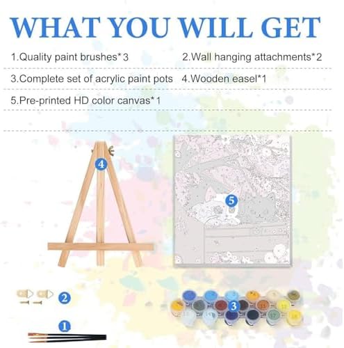 bleihum Cats Paint by Numbers Kit for Adults with Frame Wooden Easel, Cherry Blossoms Paint by Number Kits on Canvas, Small Painting by Numbers for Adult Beginners Home Decor 8X8 Inch
