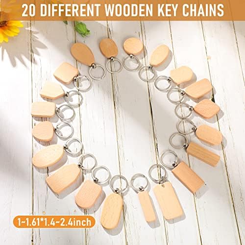 Cunno 40 Pcs Wood Keychain Blanks Unfinished Key Ring, Assorted Shapes