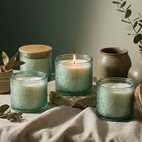 10 oz Green Mandala Glass Candle Jars with Bamboo Lids, 9 Pack
