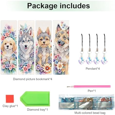 4 Pieces Diamond Art Painting Bookmarks for Adults 5D Floral Rhinestone Bookmarks Animal Dog Art Bookmarks DIY Diamond Painting Bookmarks with Tassels Crafts Supplies