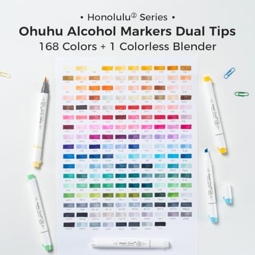 Ohuhu Alcohol Markers 168 Colors Brush& Chisel Honolulu 2 for Cozy Coloring | Brush Markers for Artists Adults Coloring Illustration, Double Tipped Brush Tip Alcohol-based AP Certified Refillable Ink