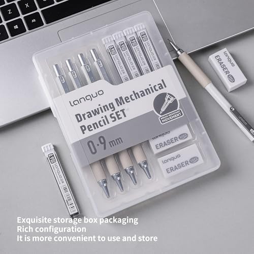 languo 0.9mm Mechanical Pencil Set with Case, 4PCS Drafting Mechanical Pencils Kit – 4 Tubes HB Lead Refills, 3 Erasers, Ideal Pencil Set for Writing & Drawing