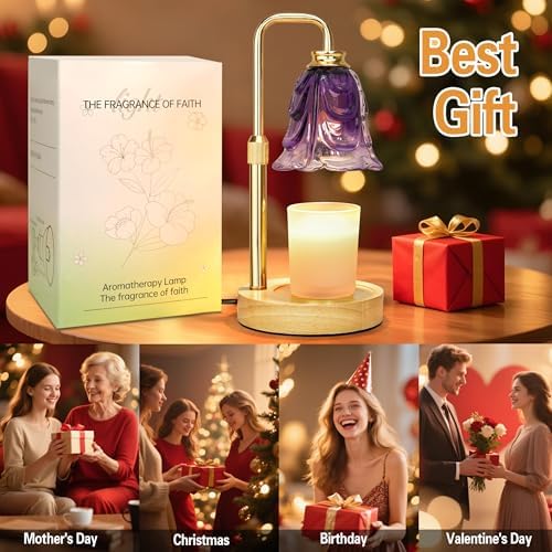 XJZJY Purple Flower Candle Warmer Lamp with Timer, Elegant Gifts for Women | Dimmable wax melt warmer with 2 bulbs for jar candles, height adjustable, Purple tulip design, home decor, housewarming gifts