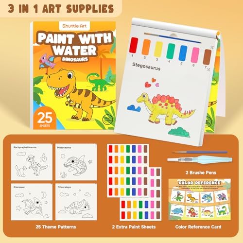 Shuttle Art Paint with Water Coloring Book for Kids, 25 Dinosaur Themed Pages with 2 Brushes, Mess-Free Watercolor Paint Set, Travel-Friendly Art Craft Gift for Toddlers, Birthday Christmas Gift